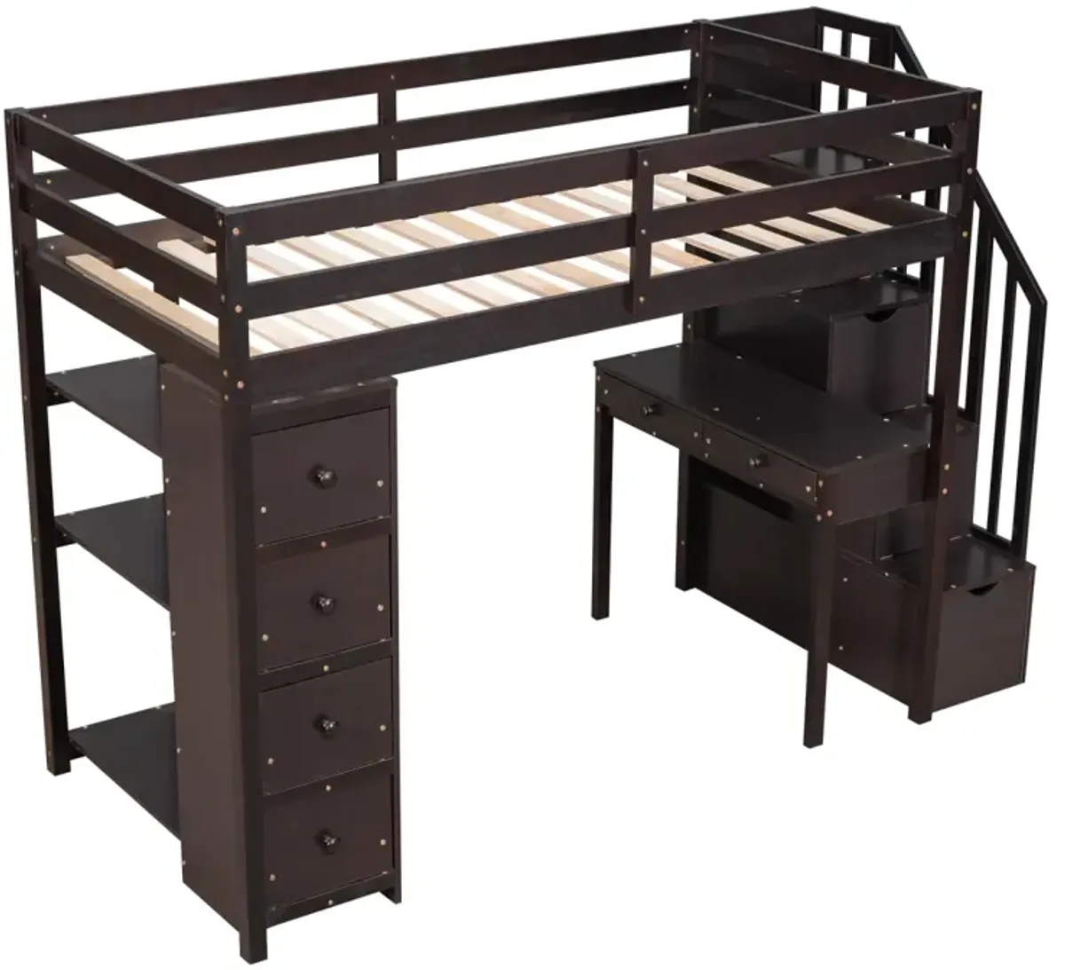 Twin Size Loft Bed With Storage Drawers, Desk And Stairs, Wooden Loft Bed With Shelves