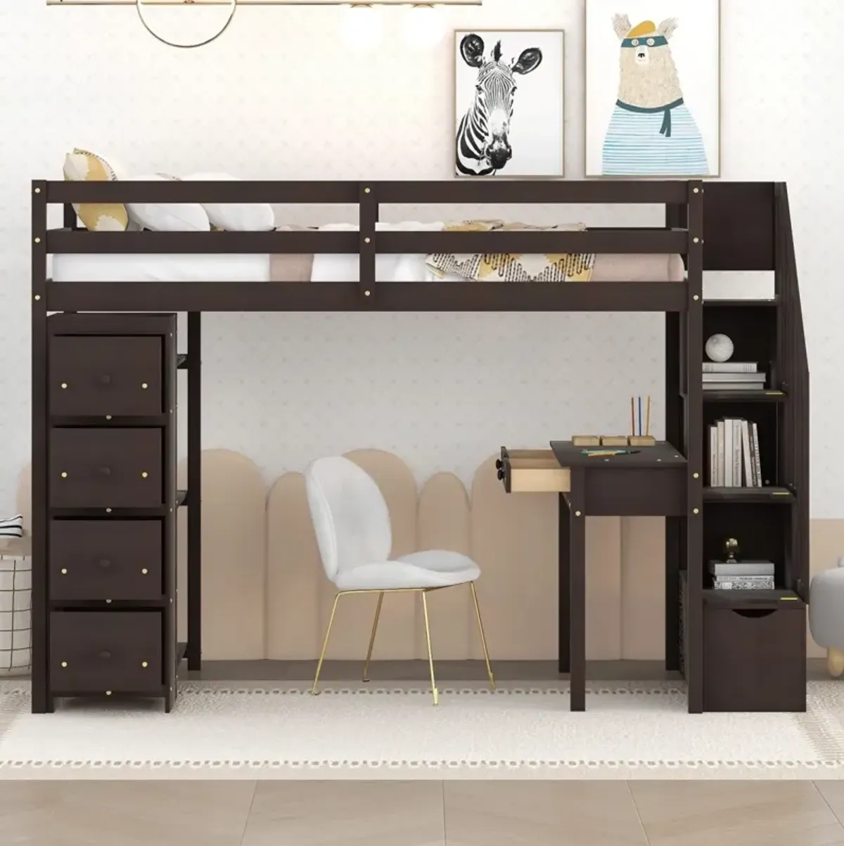 Twin Size Loft Bed With Storage Drawers, Desk And Stairs, Wooden Loft Bed With Shelves