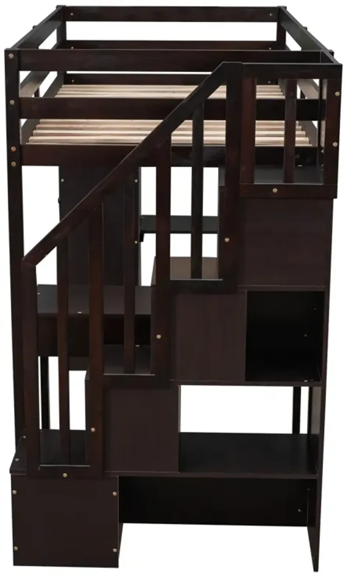 Twin Size Loft Bed With Storage Drawers, Desk And Stairs, Wooden Loft Bed With Shelves