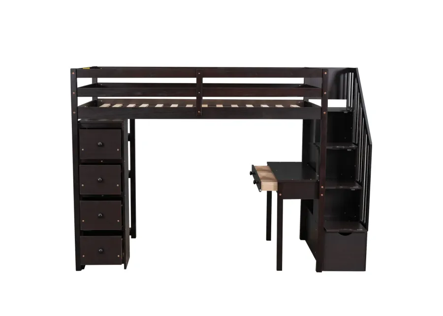 Twin Size Loft Bed With Storage Drawers, Desk And Stairs, Wooden Loft Bed With Shelves