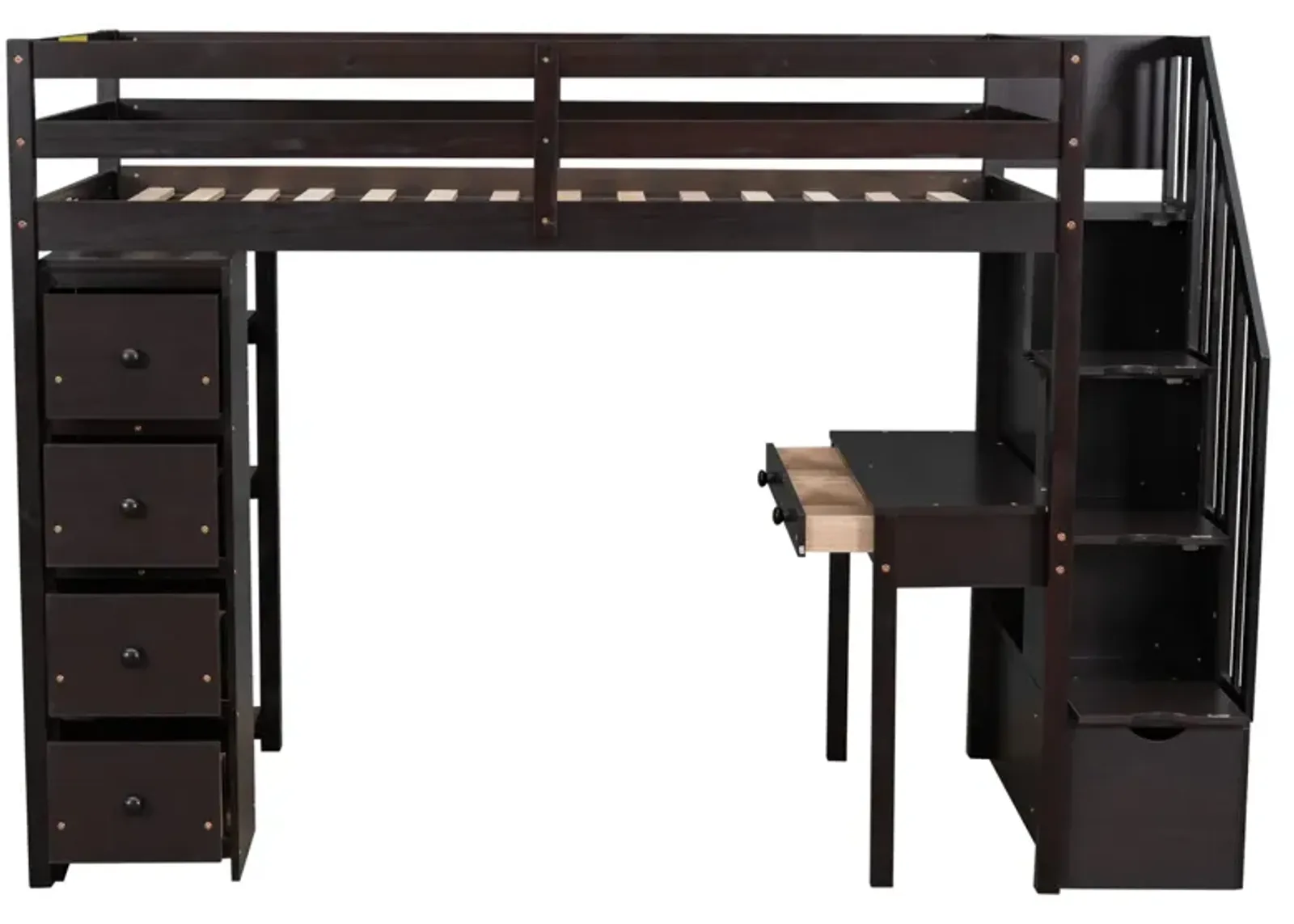 Twin Size Loft Bed With Storage Drawers, Desk And Stairs, Wooden Loft Bed With Shelves