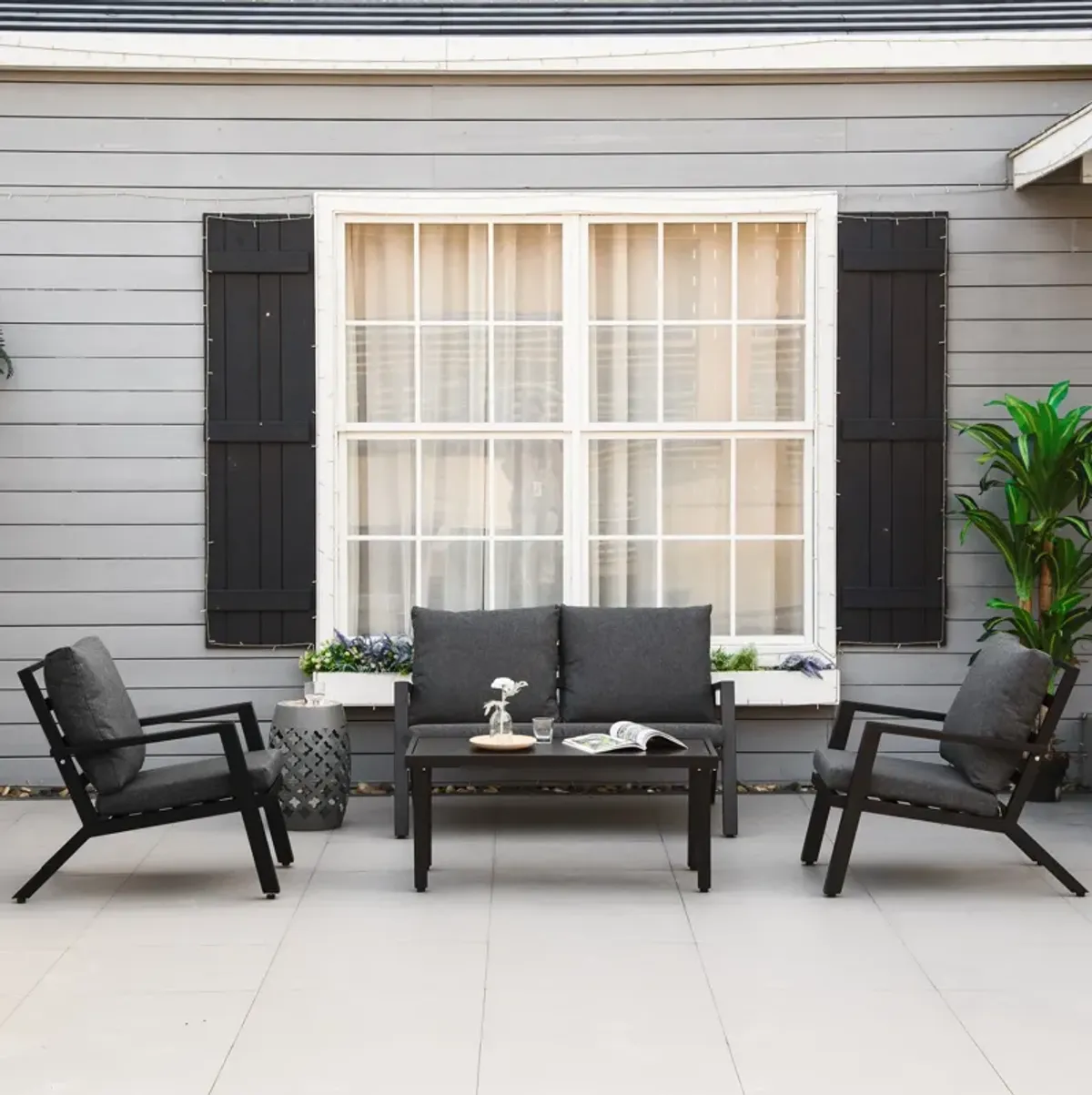 Black Backyard Chat: 4-Piece Patio Set with Cushioned Seating