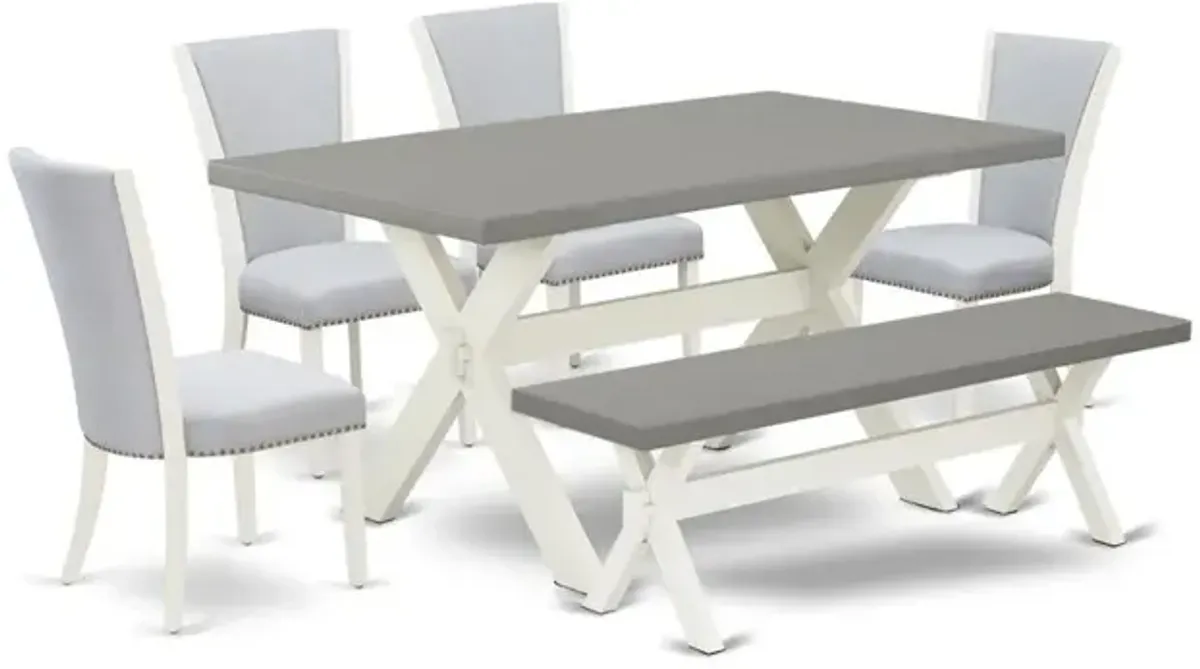 East West Furniture X096VE005-6 6 Piece Dining Table Set - 4 Grey Linen Fabric Dining Room Chair with Nailheads and Cement Kitchen Table - 1 Small Bench - Wire Brushed Linen White Finish