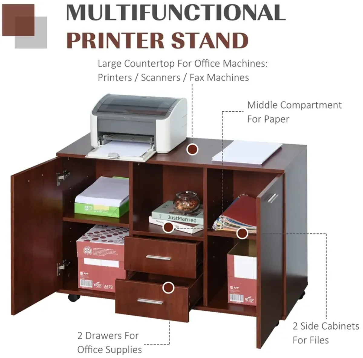 Brown Multitasker: Office Cabinet/Printer Stand with Drawers