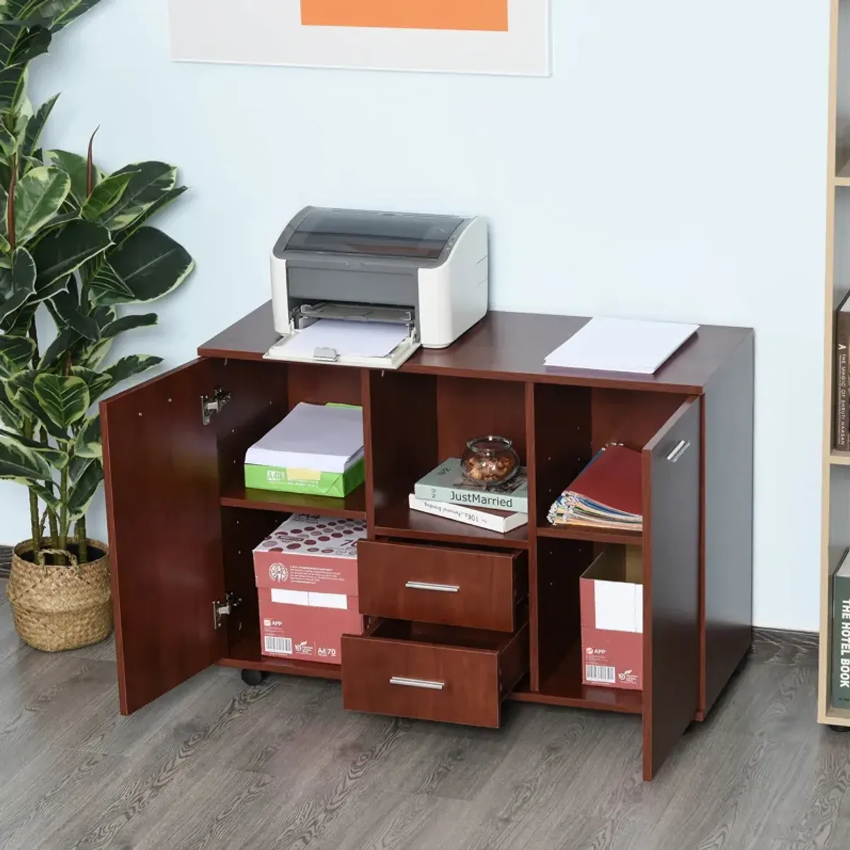 Brown Multitasker: Office Cabinet/Printer Stand with Drawers