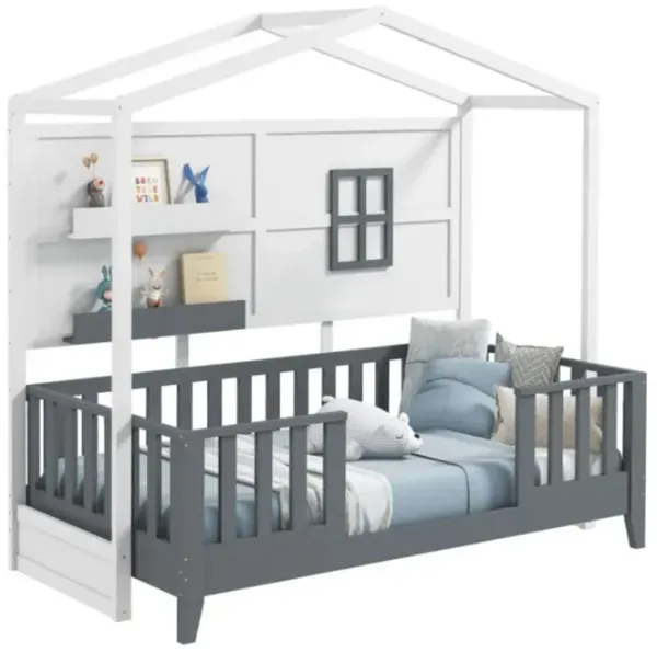 Hivvago Twin Wood House Bed Montessori Floor Bed with 2 Shelves and Guardrails