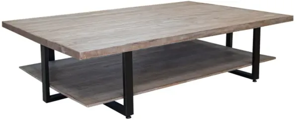 Benjara 67 Inch Cocktail Coffee Table, Lower Shelf, Metal Frame, Solid Mango Wood, Gray