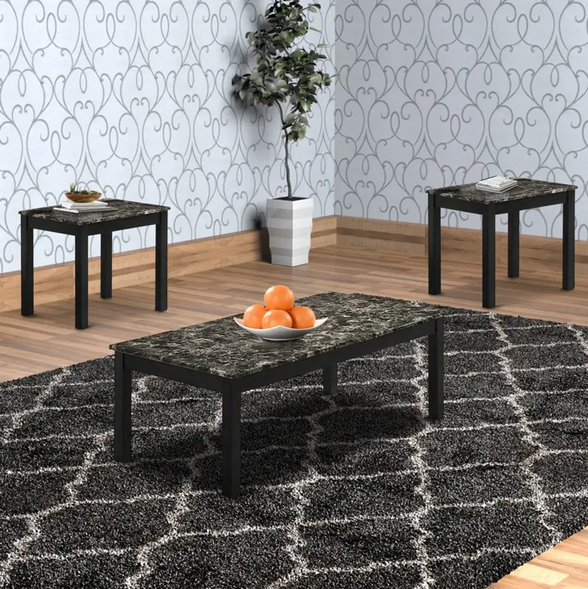 3 Piece Coffee Table and End Table with Faux Marble Top, Black-Benzara