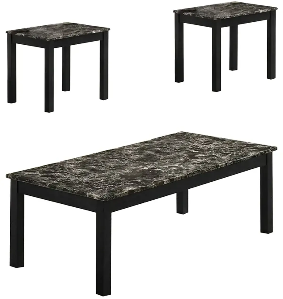 3 Piece Coffee Table and End Table with Faux Marble Top, Black-Benzara