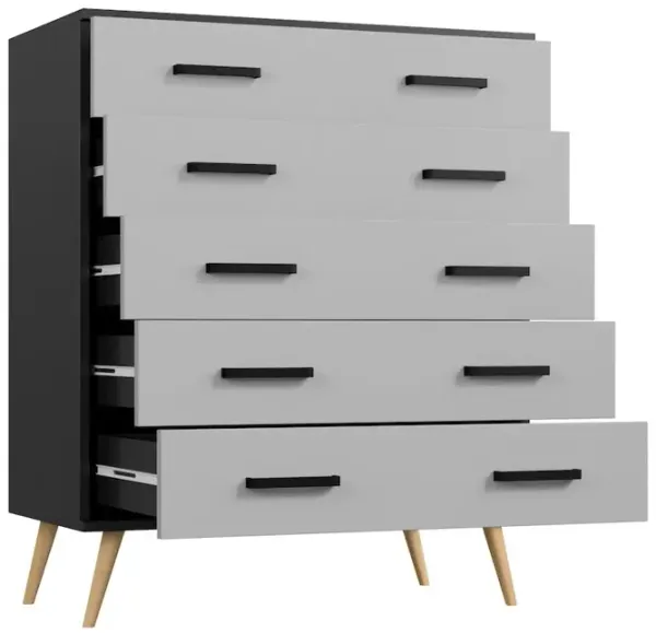 Eli Mid-Century Modern 5 Drawer Chest in Black & Light Gray Color