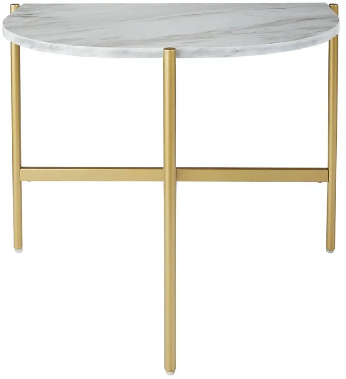 Crescent Moon Shaped Marble Top Metal Chair Side End Table, White and Gold