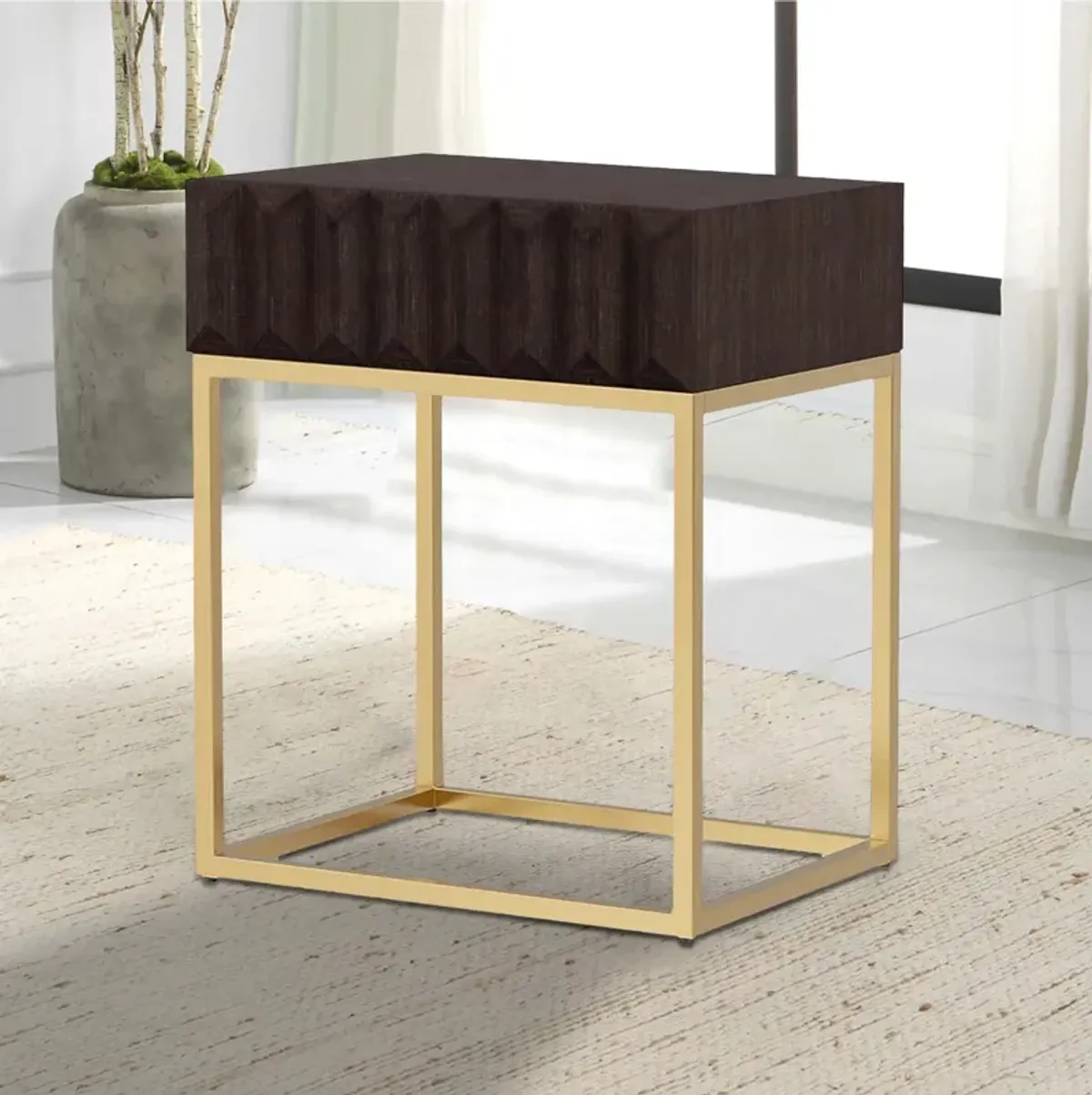 Bran 24 Inch Modern Side End Table, Brown Wood, Gold Steel Base, 1 Drawer-Benzara