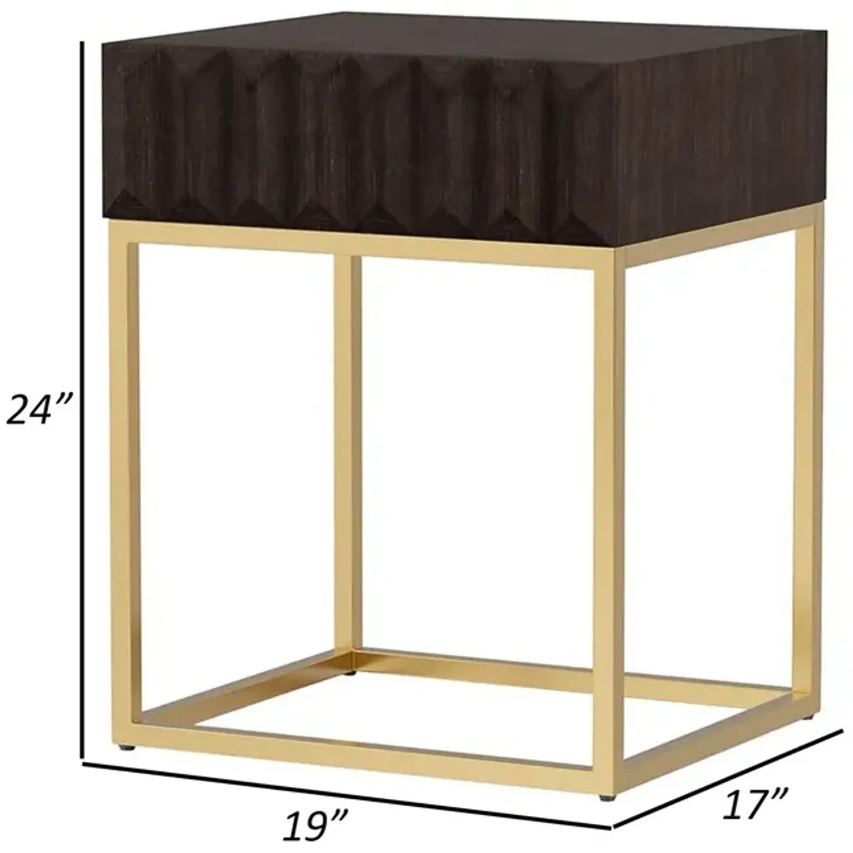 Bran 24 Inch Modern Side End Table, Brown Wood, Gold Steel Base, 1 Drawer-Benzara