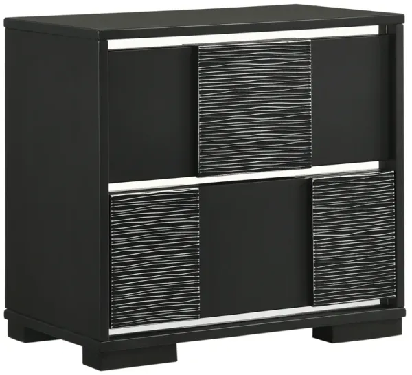 Reza 25 Inch Modern Wood Nightstand, 2 Drawers, Textured Felt Lined, Black-Benzara