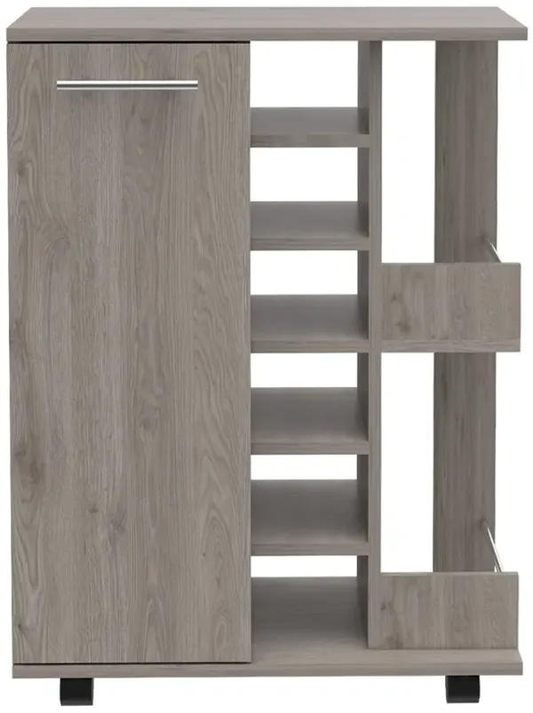 DEPOT E-SHOP Magda Bar Cart, Four Casters, Six Built-in Wine Rack, Single Door Cabinet, Two External Shelves, Light Oak