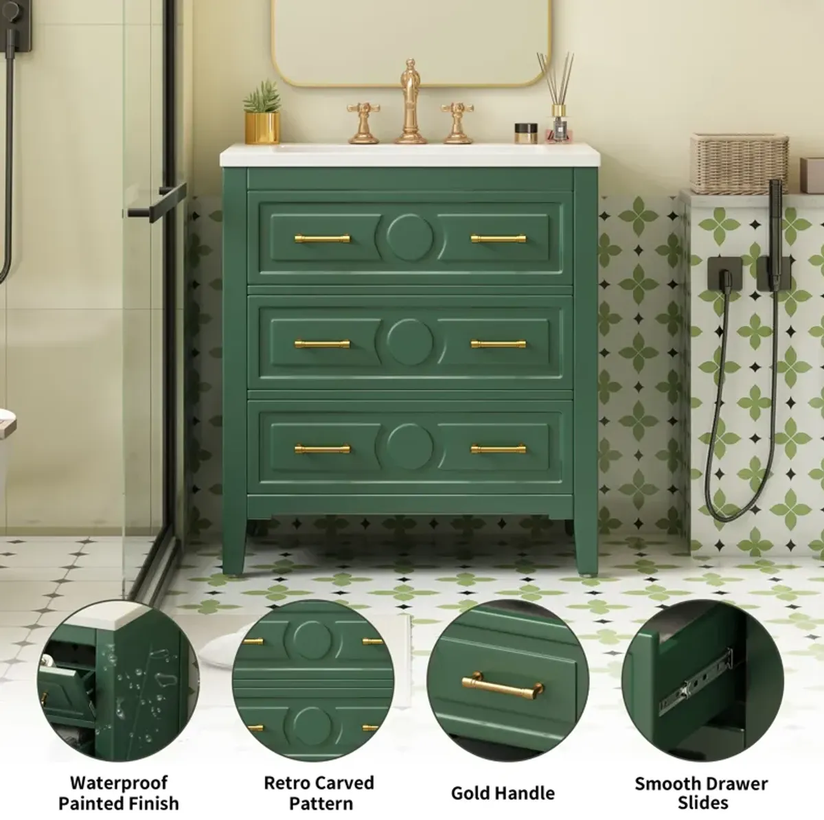 30'' Bathroom Vanity with Resin Sink Combo, Free Standing Single Vanity Set with 3 Drawers, Solid Wood Frame Bathroom Storage Cabinet, Green