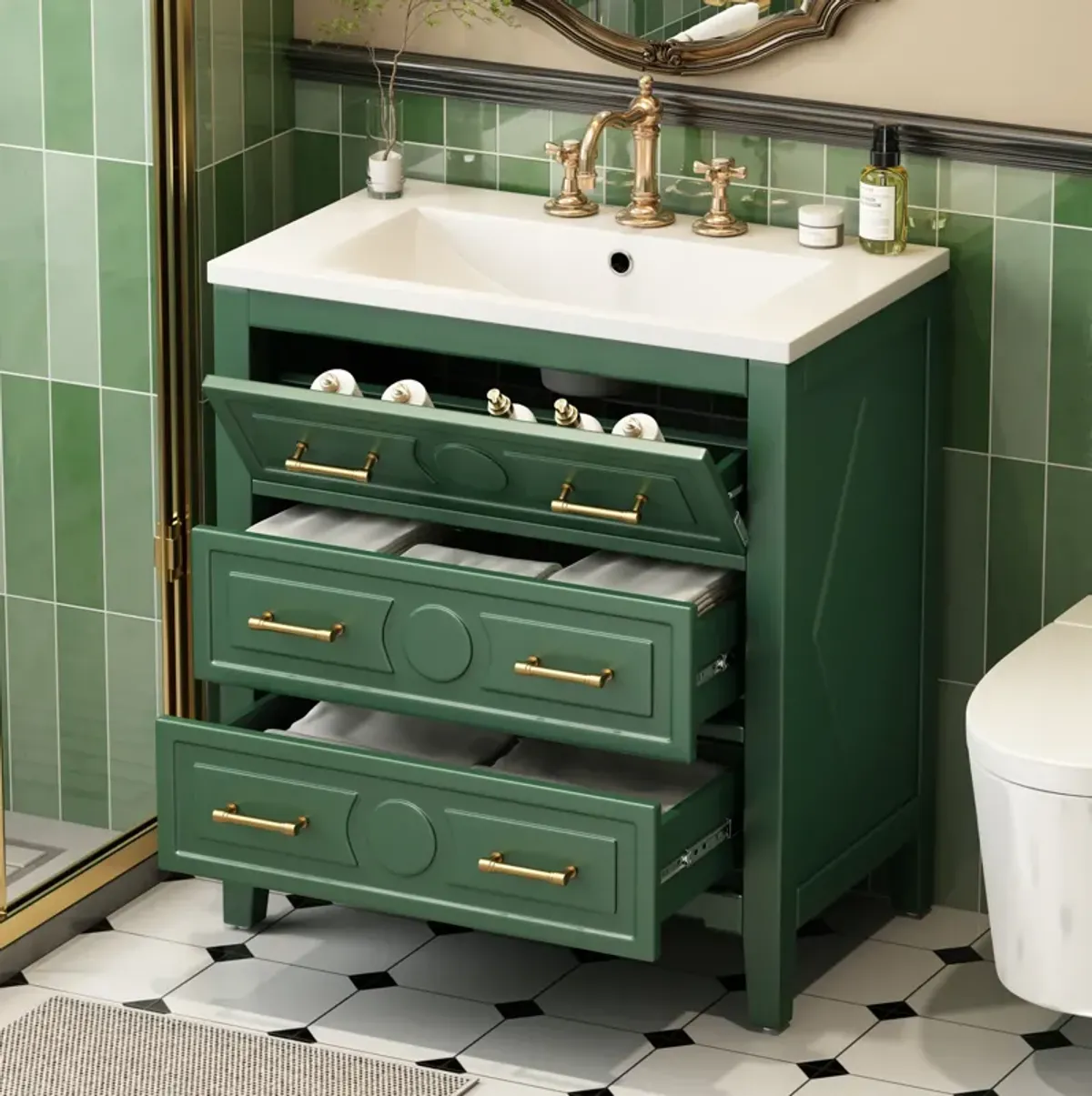 30'' Bathroom Vanity with Resin Sink Combo, Free Standing Single Vanity Set with 3 Drawers, Solid Wood Frame Bathroom Storage Cabinet, Green