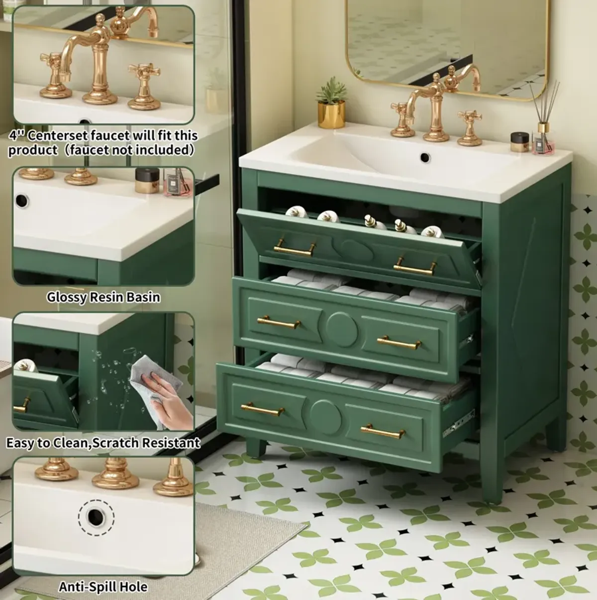 30'' Bathroom Vanity with Resin Sink Combo, Free Standing Single Vanity Set with 3 Drawers, Solid Wood Frame Bathroom Storage Cabinet, Green