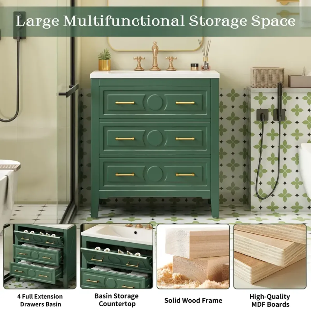 30'' Bathroom Vanity with Resin Sink Combo, Free Standing Single Vanity Set with 3 Drawers, Solid Wood Frame Bathroom Storage Cabinet, Green