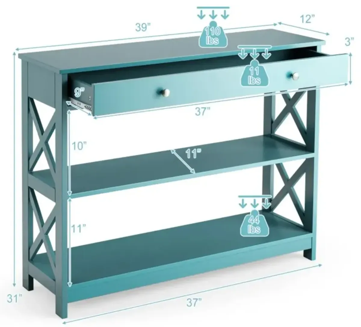 Hivvago Console Table 3-Tier with Drawer and Storage Shelves