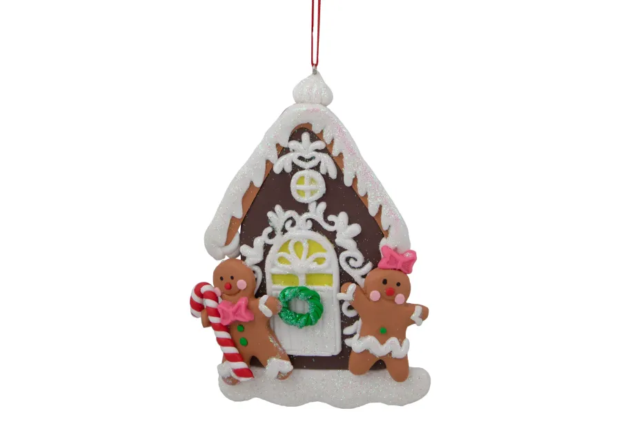 5" Glittered Gingerbread House with Snowman Couple Christmas Ornament