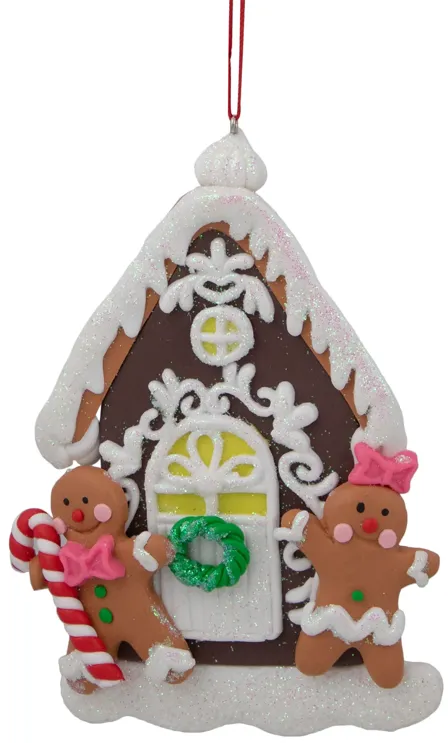 5" Glittered Gingerbread House with Snowman Couple Christmas Ornament