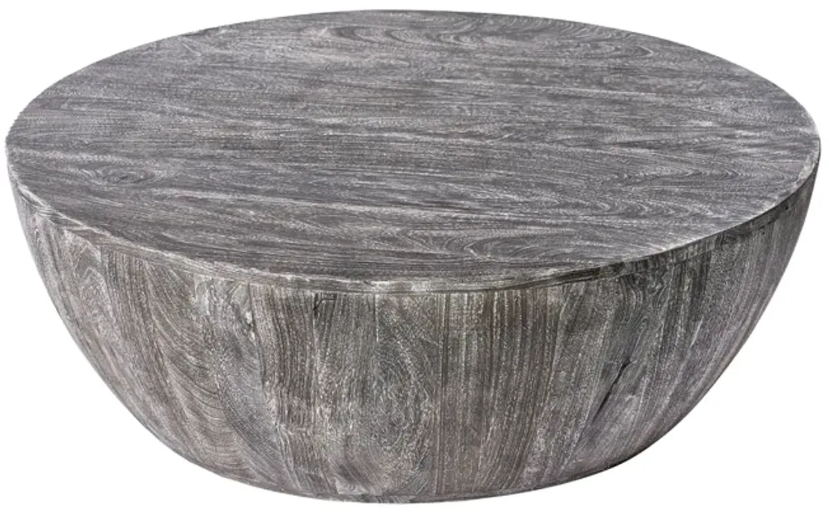 Arthur 36 Inch Farmhouse Style Handcrafted Mango Wood Coffee Table, Round Drum Shape, Sandblasted Black - Benzara