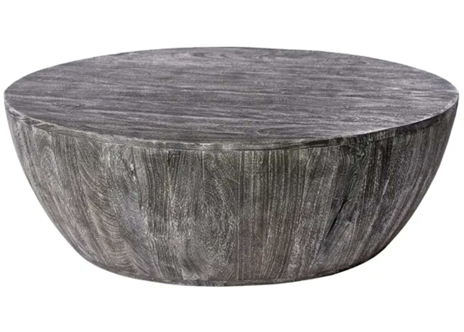 Arthur 36 Inch Farmhouse Style Handcrafted Mango Wood Coffee Table, Round Drum Shape, Sandblasted Black - Benzara