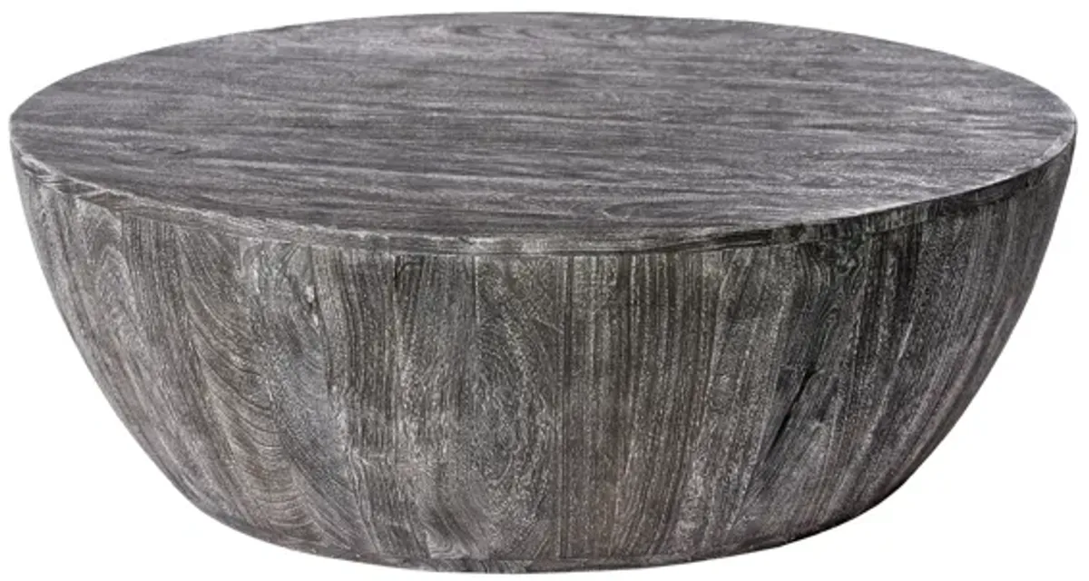 Arthur 36 Inch Farmhouse Style Handcrafted Mango Wood Coffee Table, Round Drum Shape, Sandblasted Black - Benzara