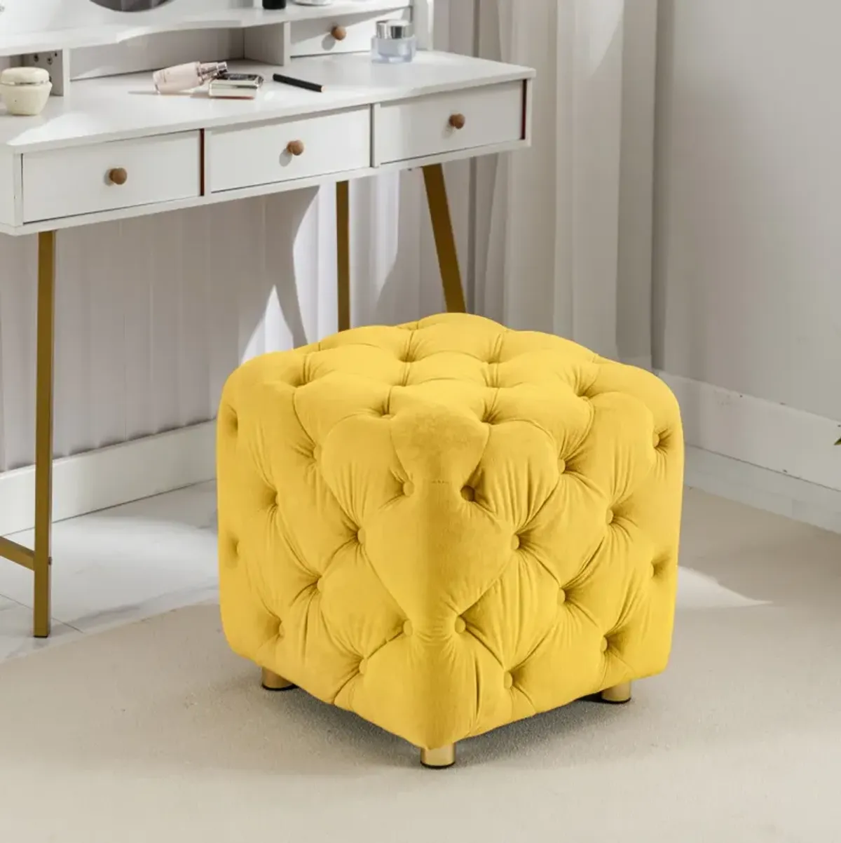 Modern Yellow Upholstered Ottoman with End Table & Footstool