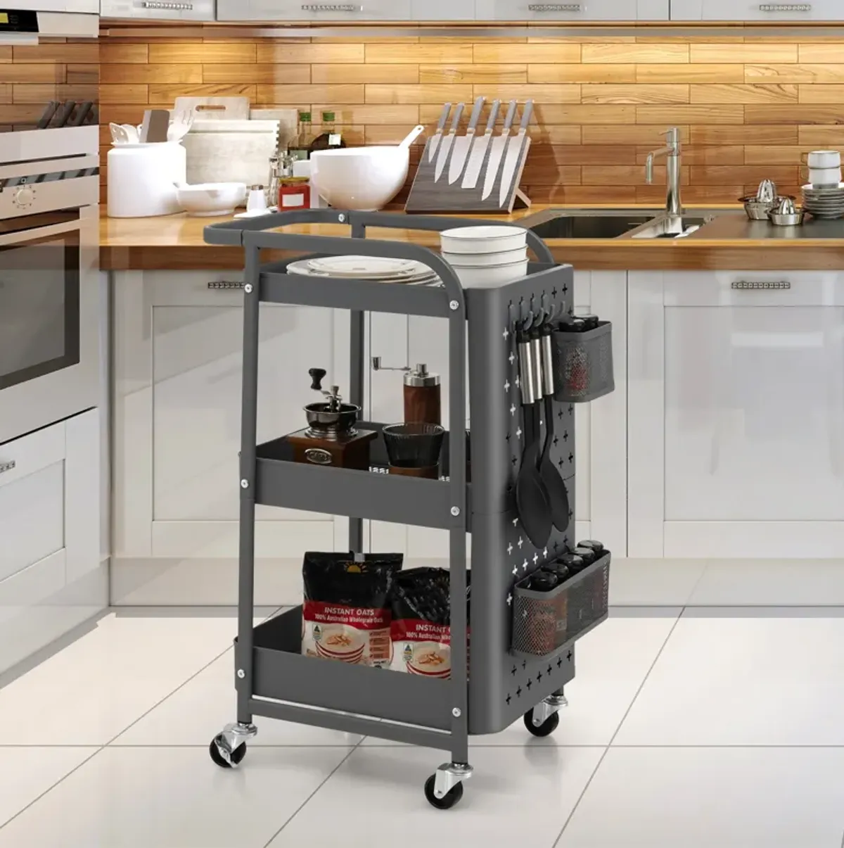 3-Tier Utility Storage Cart with DIY Pegboard Baskets