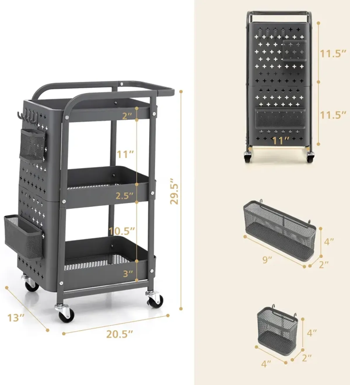 3-Tier Utility Storage Cart with DIY Pegboard Baskets