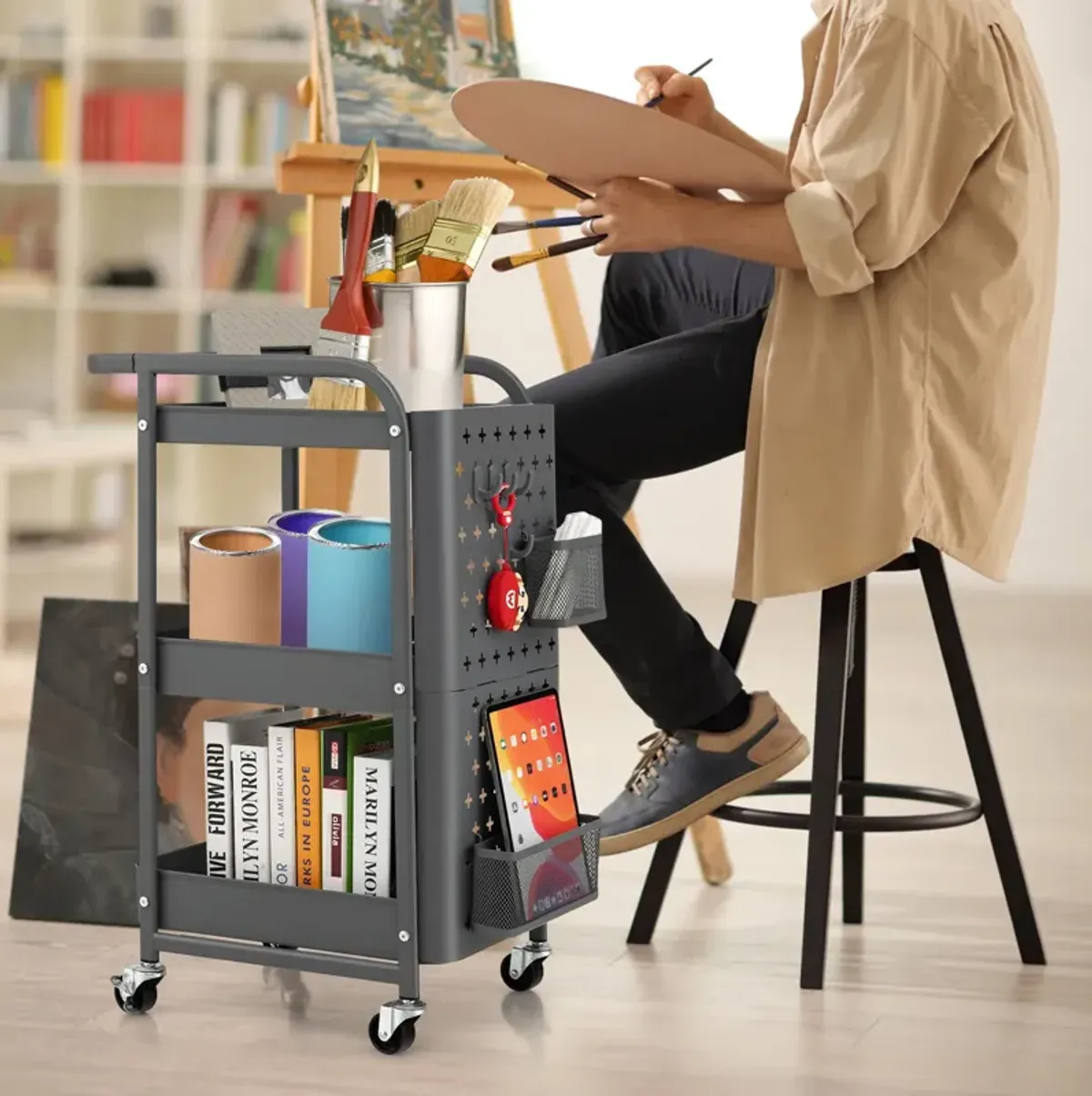 3-Tier Utility Storage Cart with DIY Pegboard Baskets