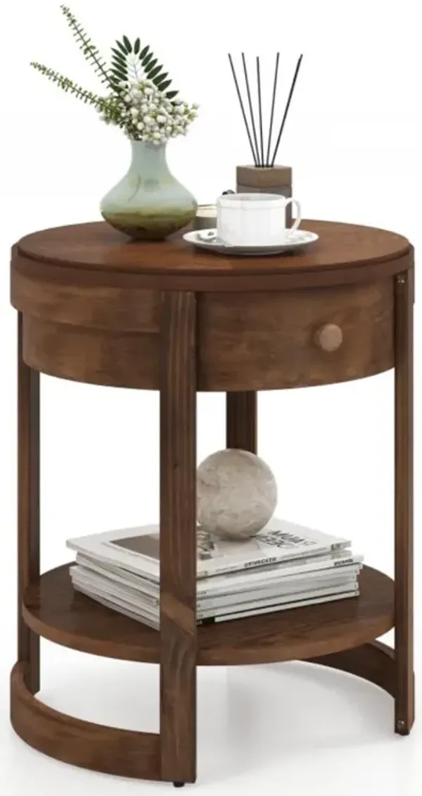 Hivvago 2-Tier Round End Table Mid Century Modern Nightstand with Drawer and Shelf