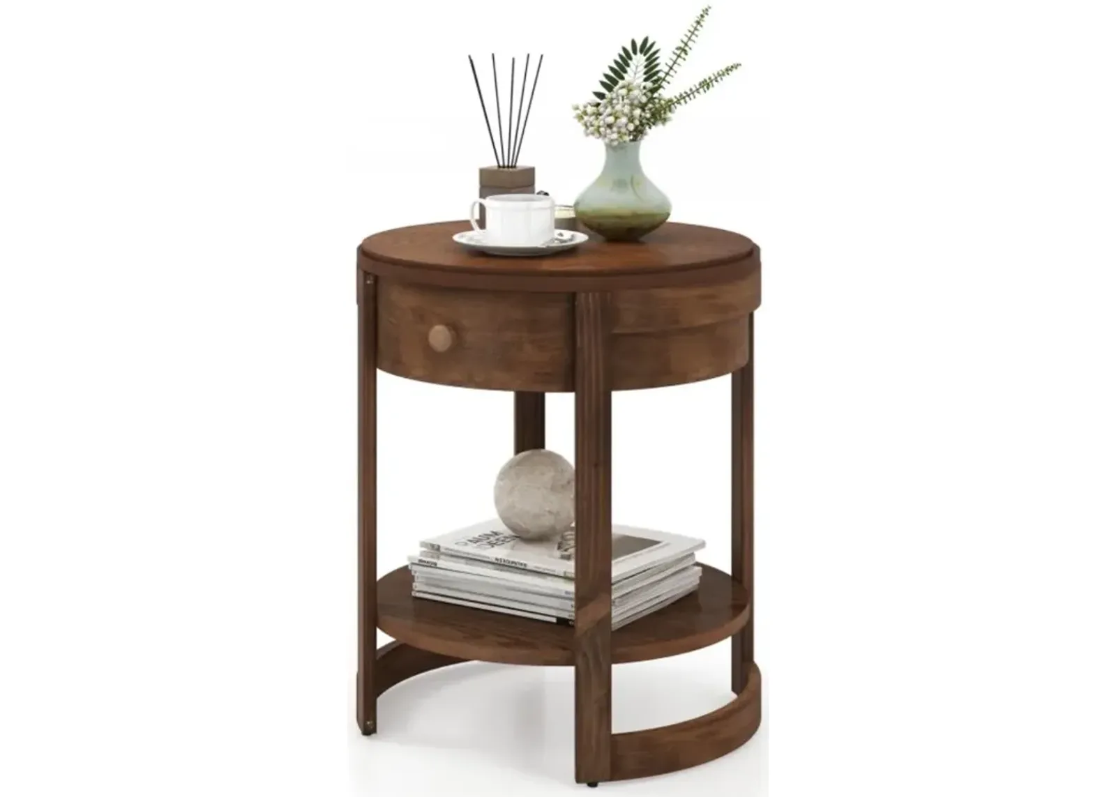 Hivvago 2-Tier Round End Table Mid Century Modern Nightstand with Drawer and Shelf