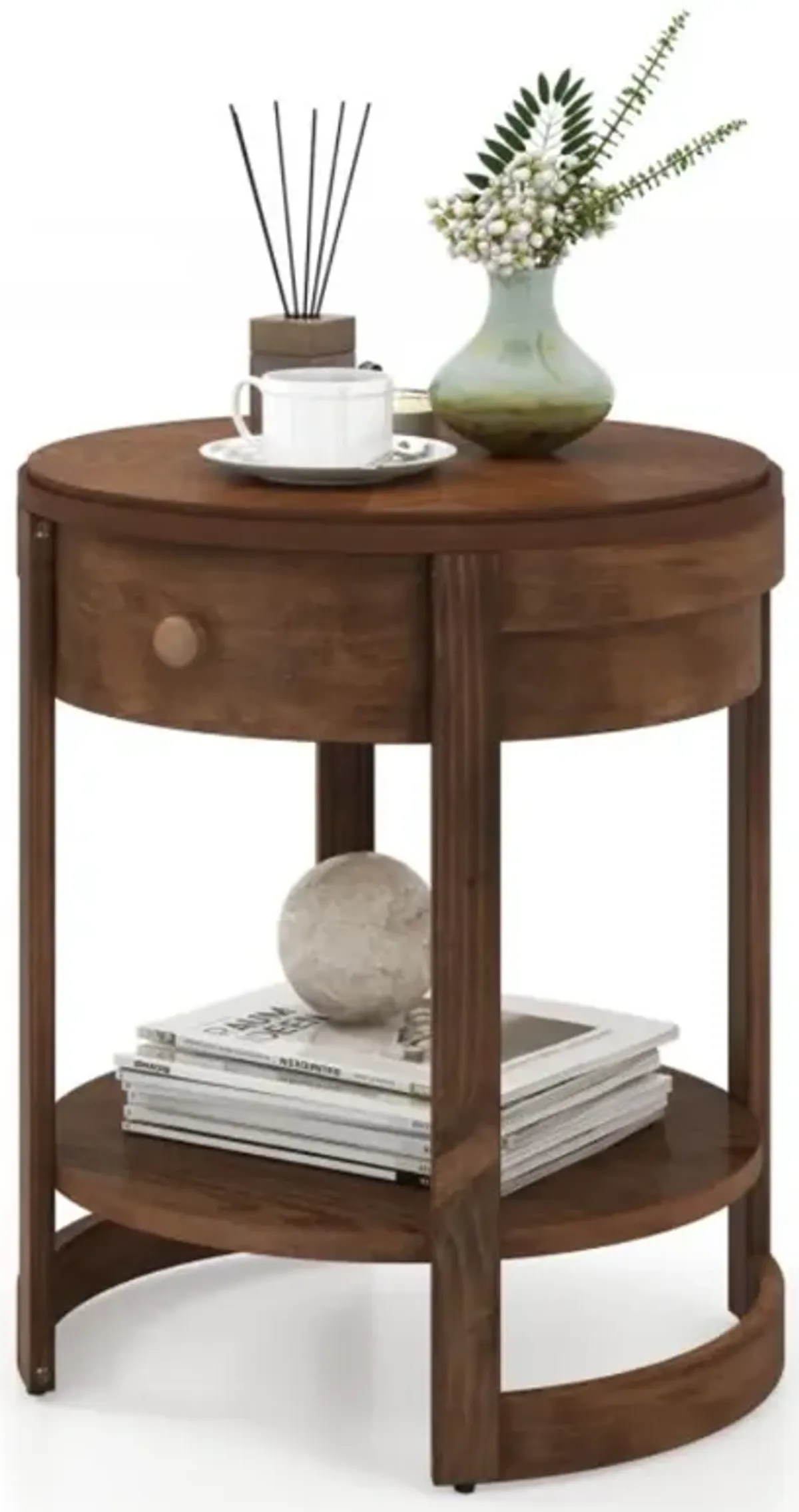 Hivvago 2-Tier Round End Table Mid Century Modern Nightstand with Drawer and Shelf