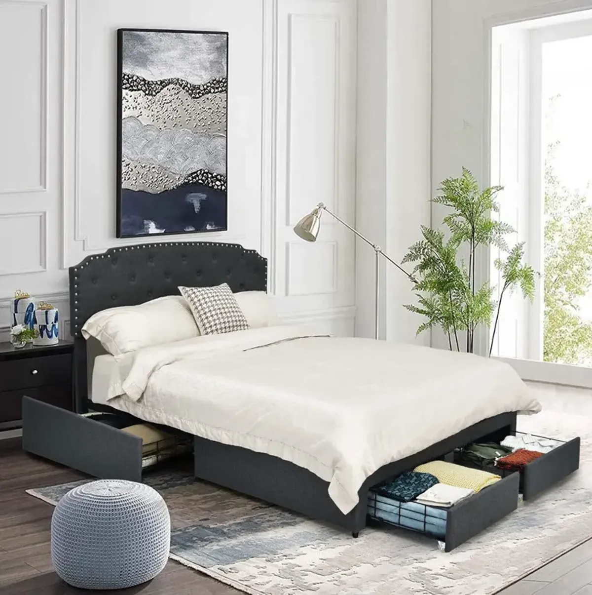 Platform Bed Frame with 4 Storage Drawers Adjustable Headboard