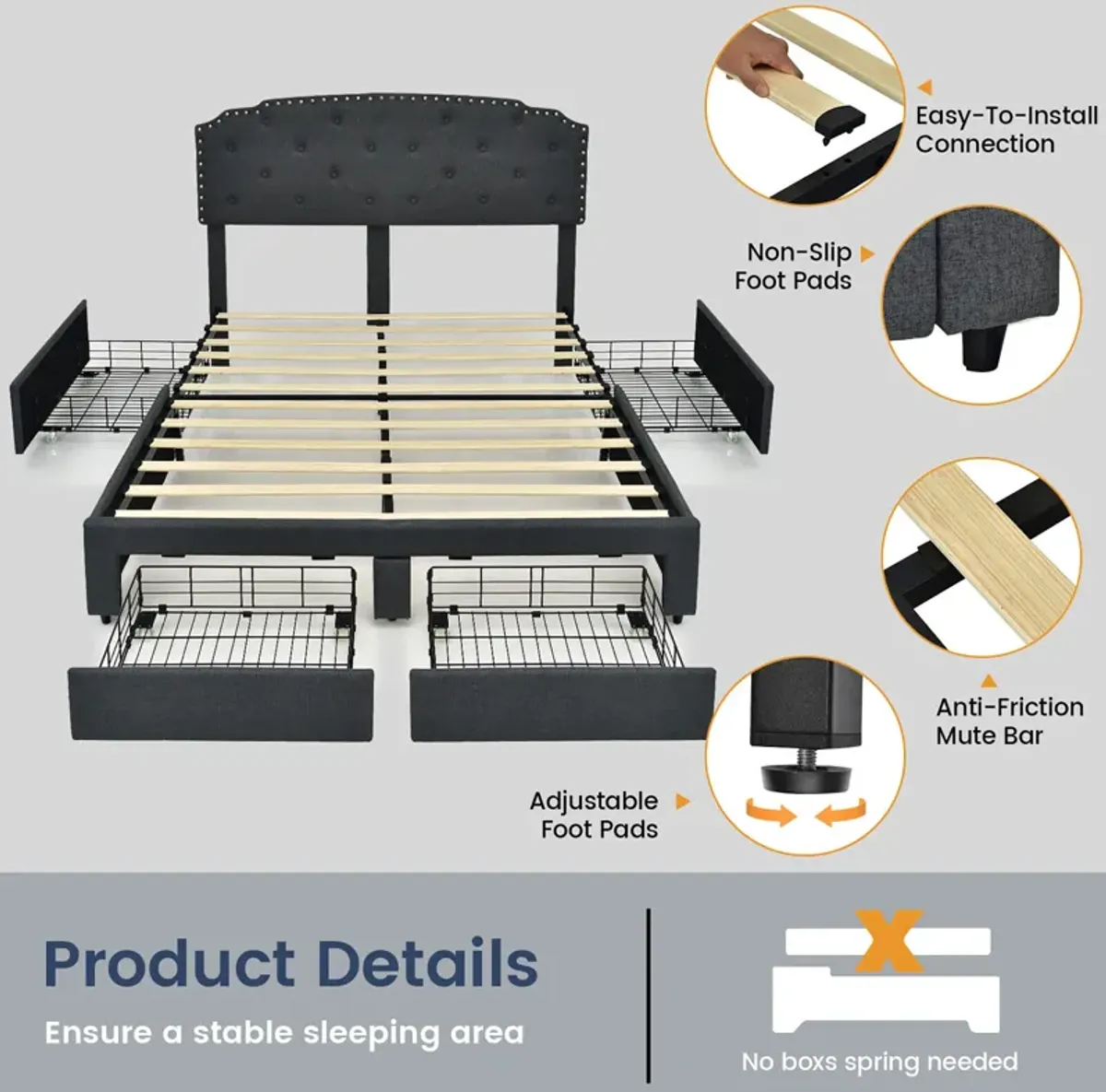 Platform Bed Frame with 4 Storage Drawers Adjustable Headboard