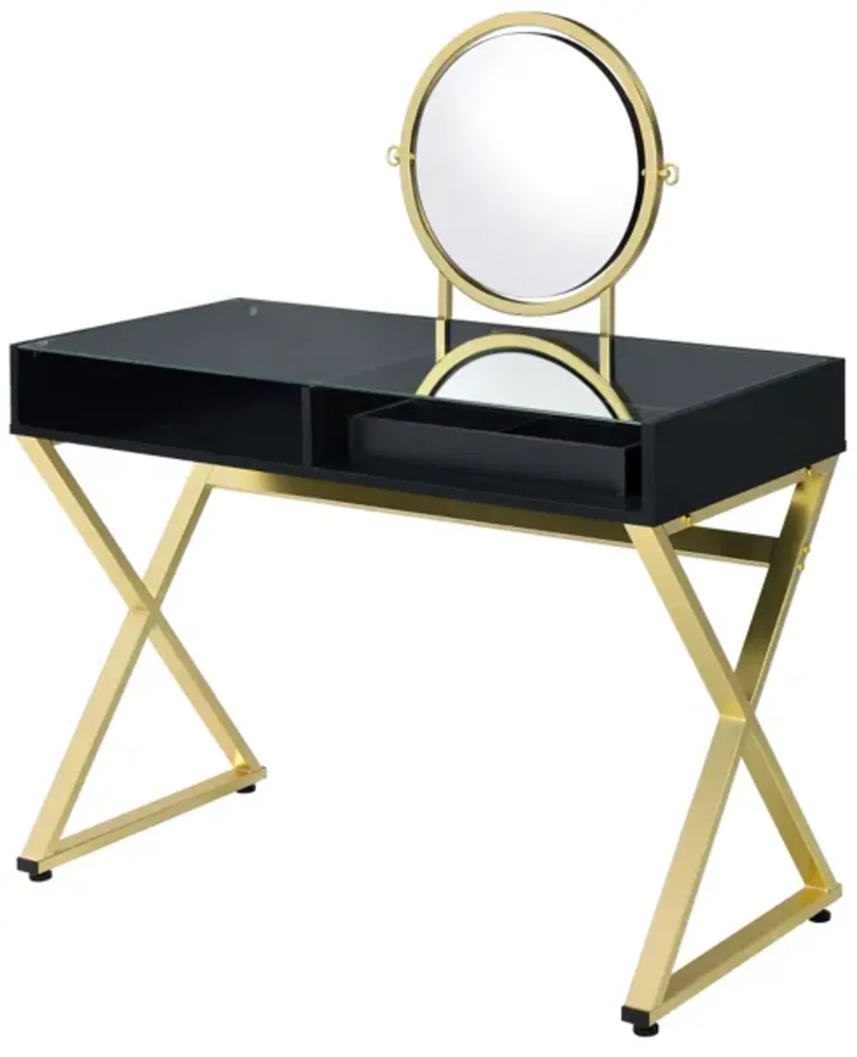 Coleen Vanity Desk with Mirror & Jewelry Tray In Black & Gold Finish