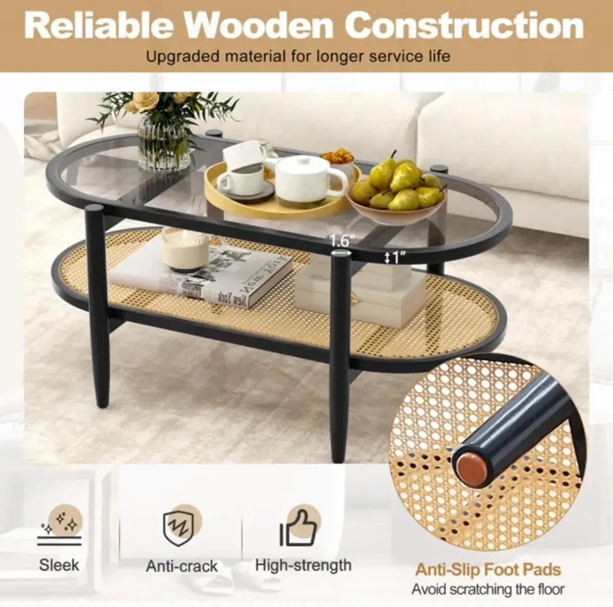 Hivvago 2-Tier Coffee Table with Tempered Glass Tabletop and Acacia Wood Frame