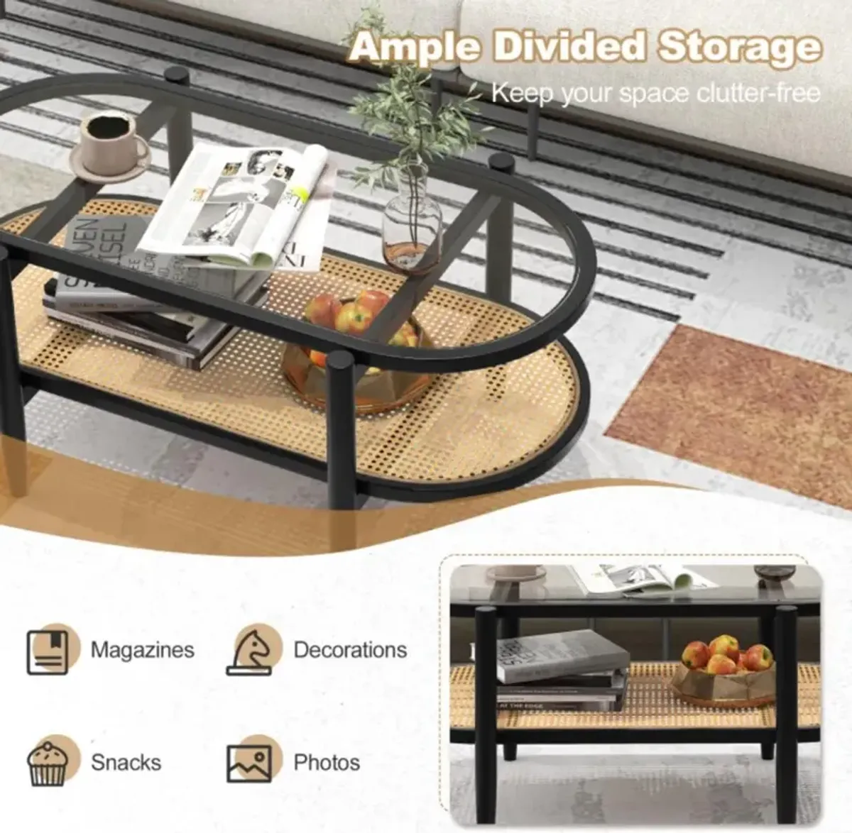 Hivvago 2-Tier Coffee Table with Tempered Glass Tabletop and Acacia Wood Frame