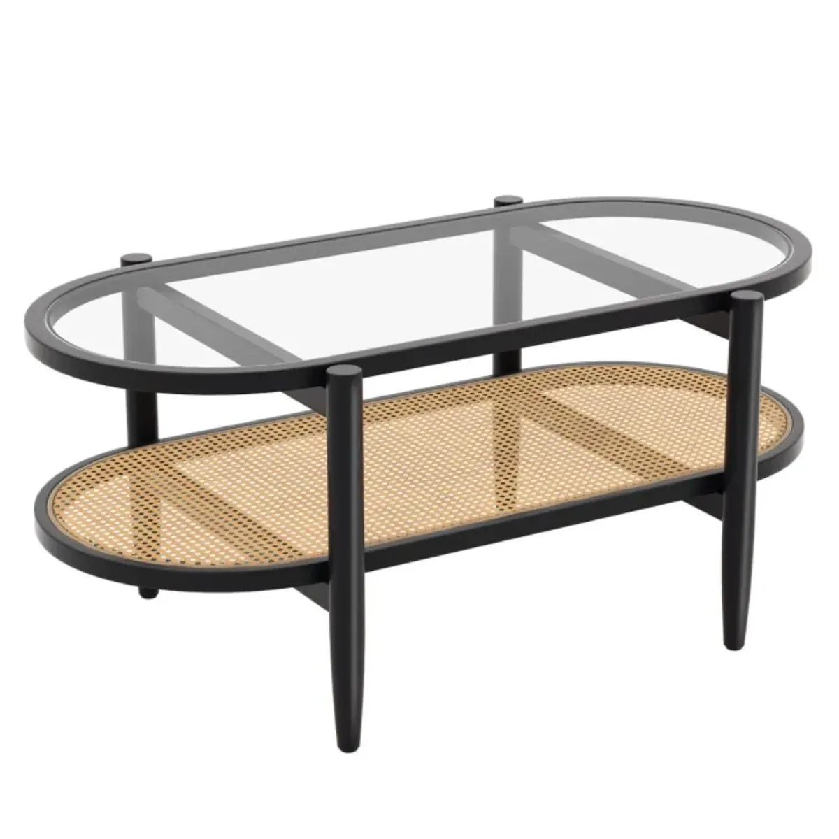 Hivvago 2-Tier Coffee Table with Tempered Glass Tabletop and Acacia Wood Frame