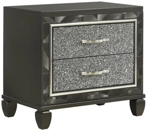 Ren 28 Inch Nightstand with 2 Glitter Front Storage Drawers, Black, Silver - Benzara
