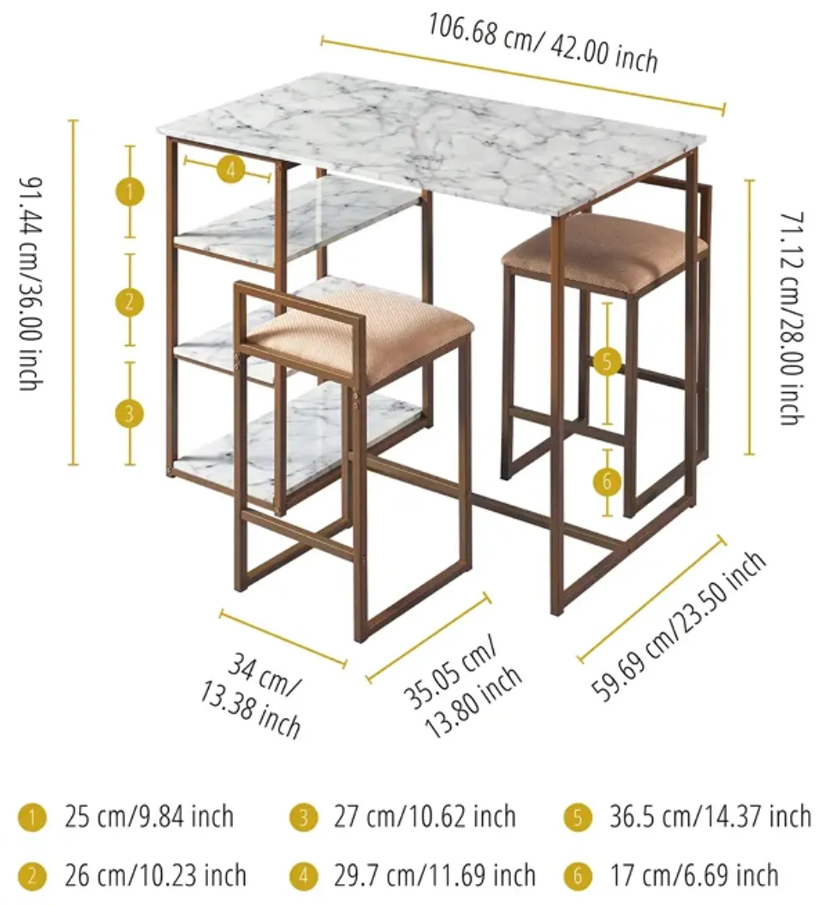 Teamson Home - Marmo  Breakfast Table Dining  Set with Faux Marble Top, Brass Finish