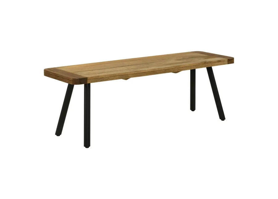 Mia 53 Inch Bench, Sheesham and Mango Wood Seat, Black Iron Legs, Brown  - Benzara