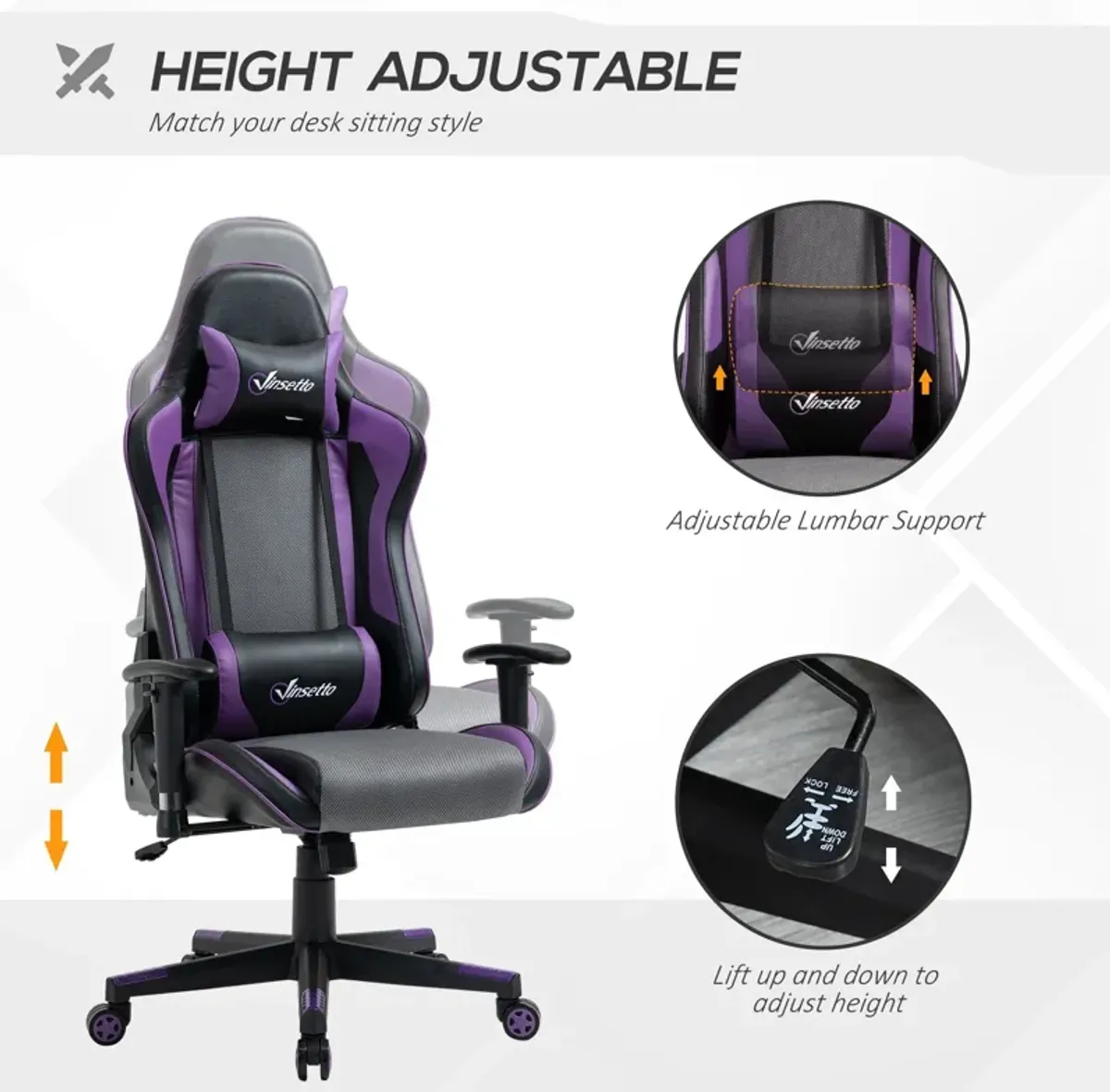 Black/Grey/Purple Gamer: Ergonomic High Back Office Chair