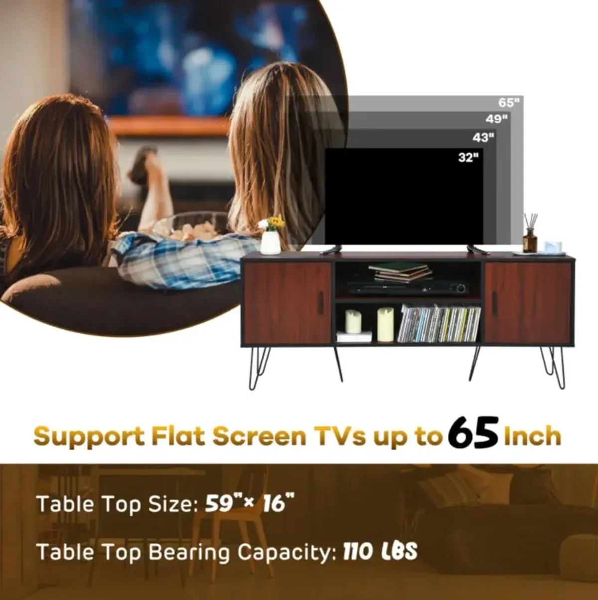 Hivvago 59 Inch Retro TV Stand for TVs up to 65 Inch with 6 Metal Legs