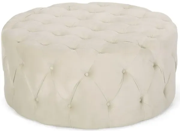 Vivan Ottoman, Tufted Beige Velvet, Soft Cushions, Round 40 Inch Top - Benzara