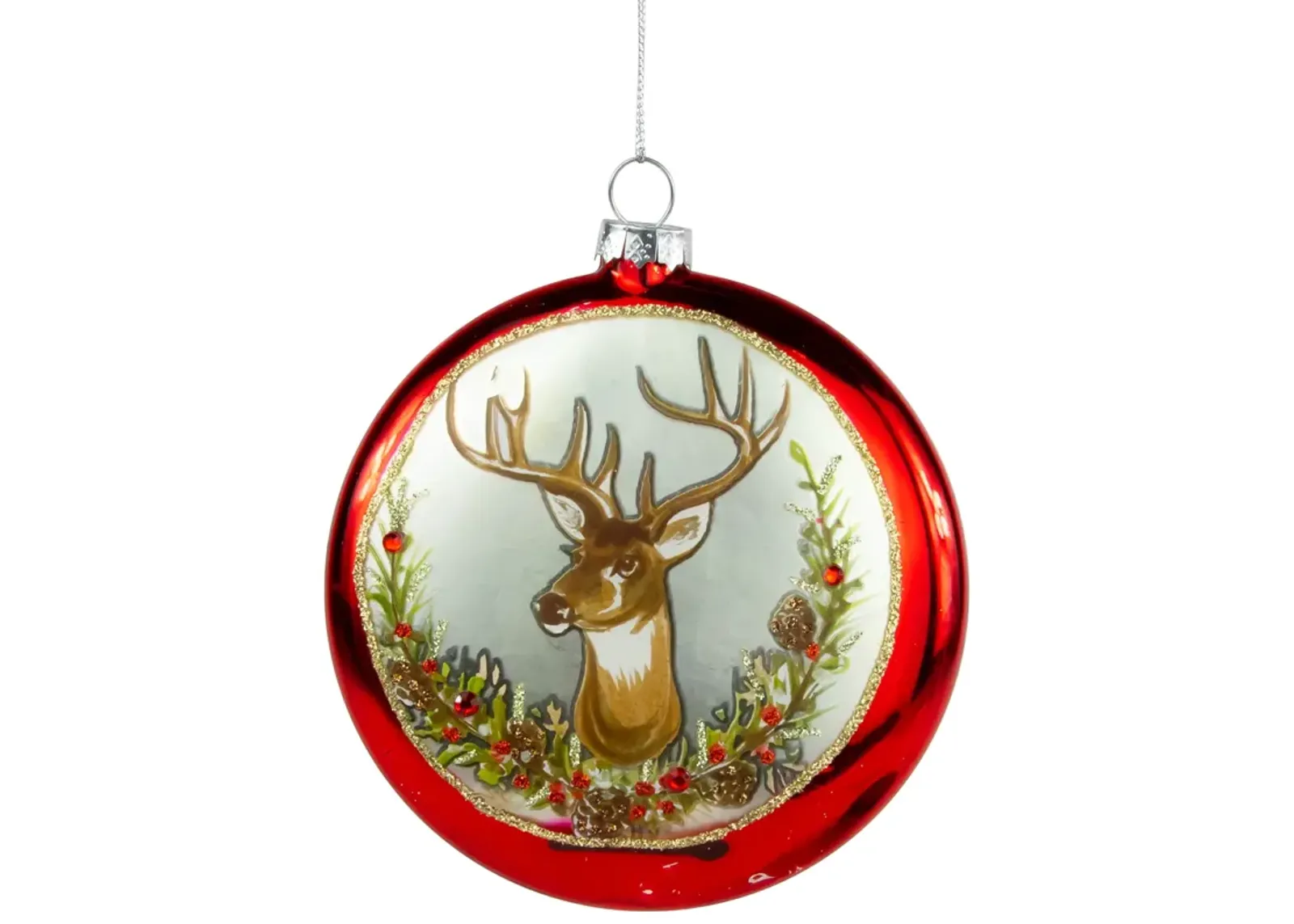 4" Glittered Reindeer Glass Christmas Disc Ornament