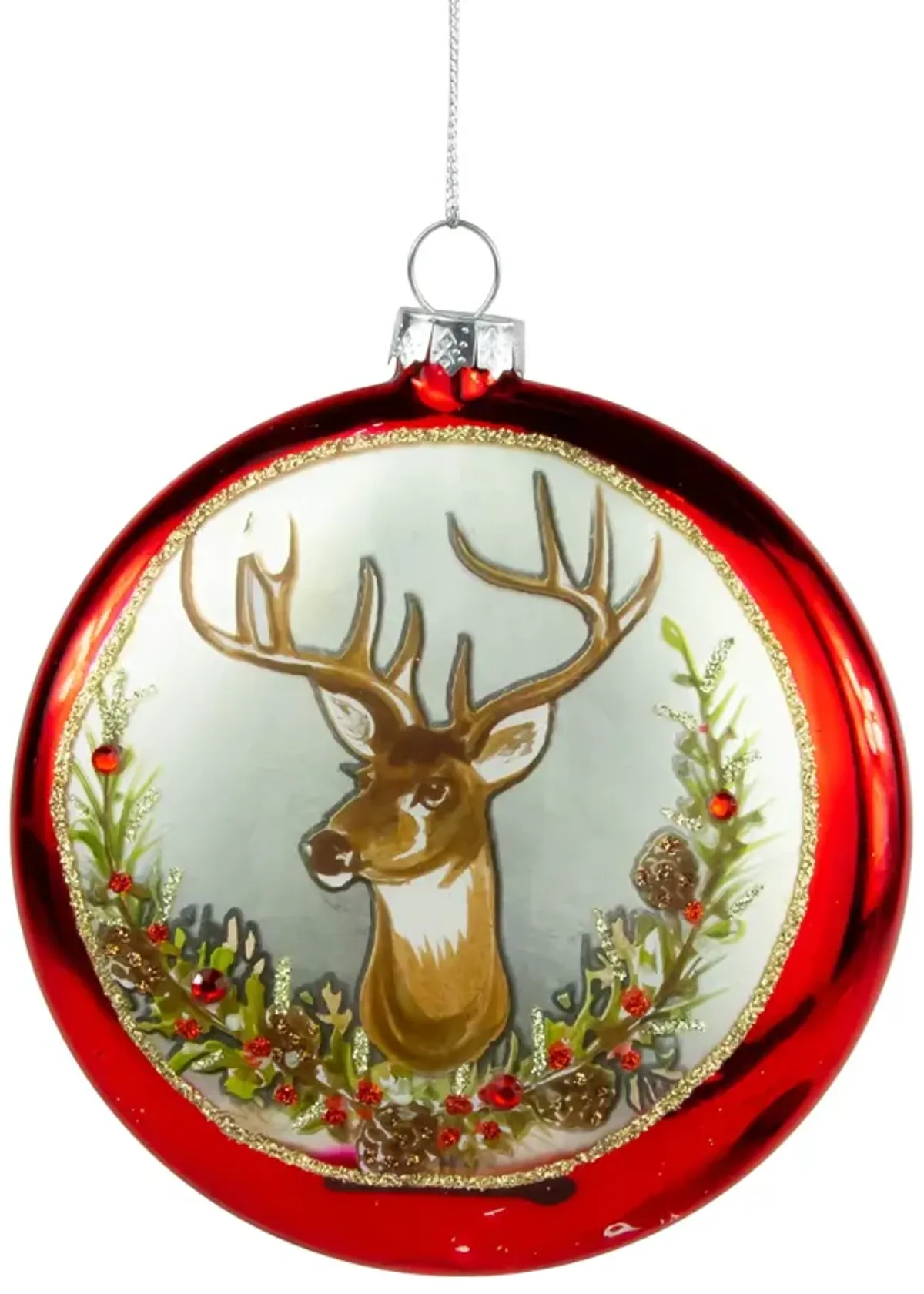 4" Glittered Reindeer Glass Christmas Disc Ornament